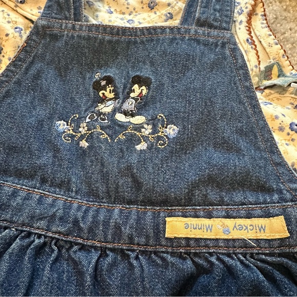 Vintage Disney Mickey and Minnie Mouse 2 pc Set Denim Overalls Dress and Onesie - Picture 7 of 9